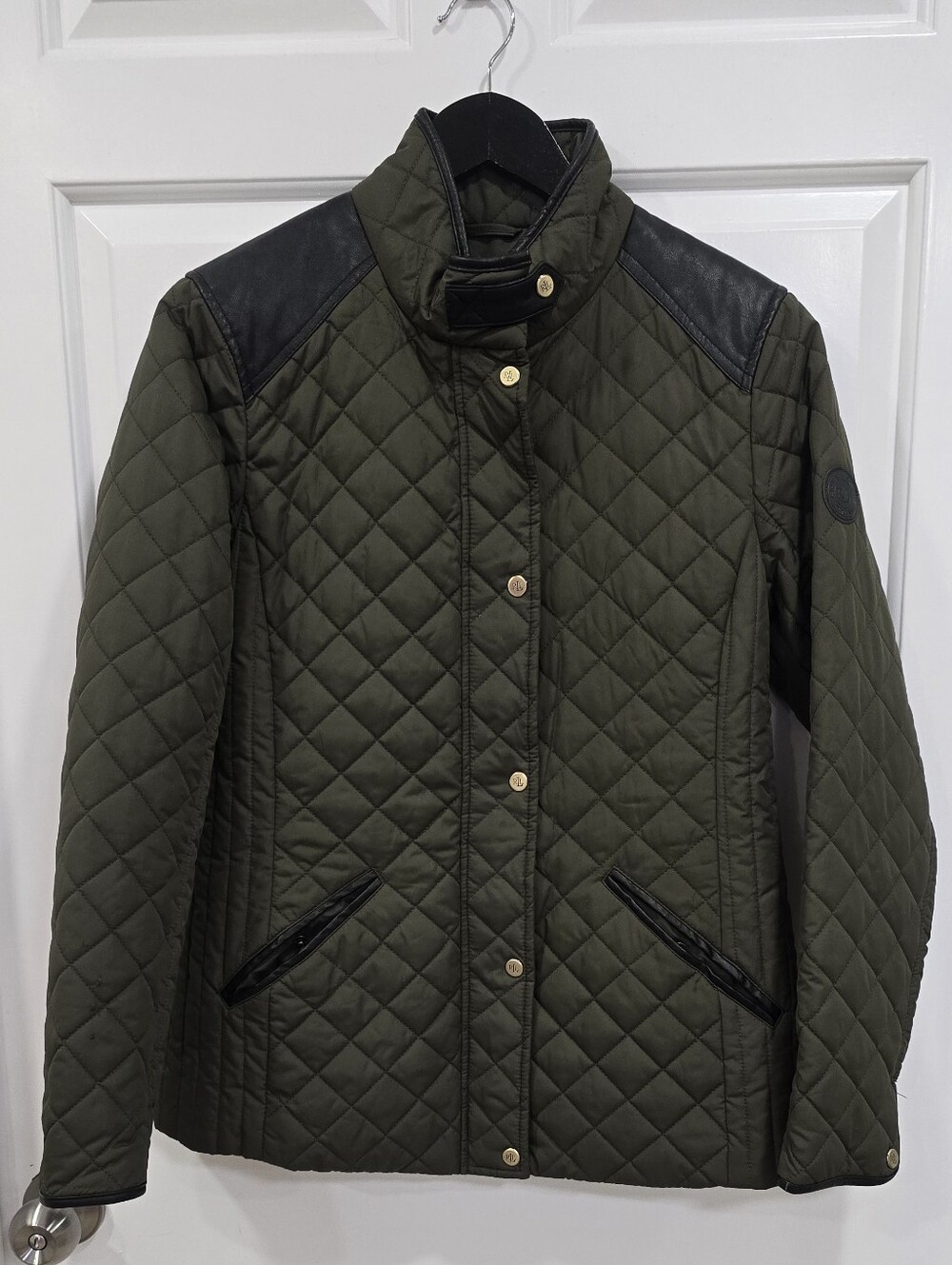 Ralph Lauren Quilted Olive Green Puffer Jacket with Black Trim